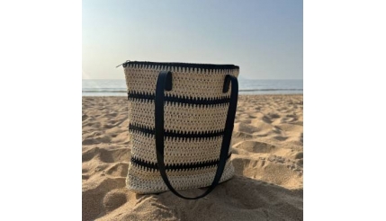 Stripe and Stitchwork Straw Tote Beach Bag with Zipper